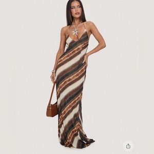 Esmira Halter Maxi Dress Brown Stripe - Size 6 - Size Guide in Photos